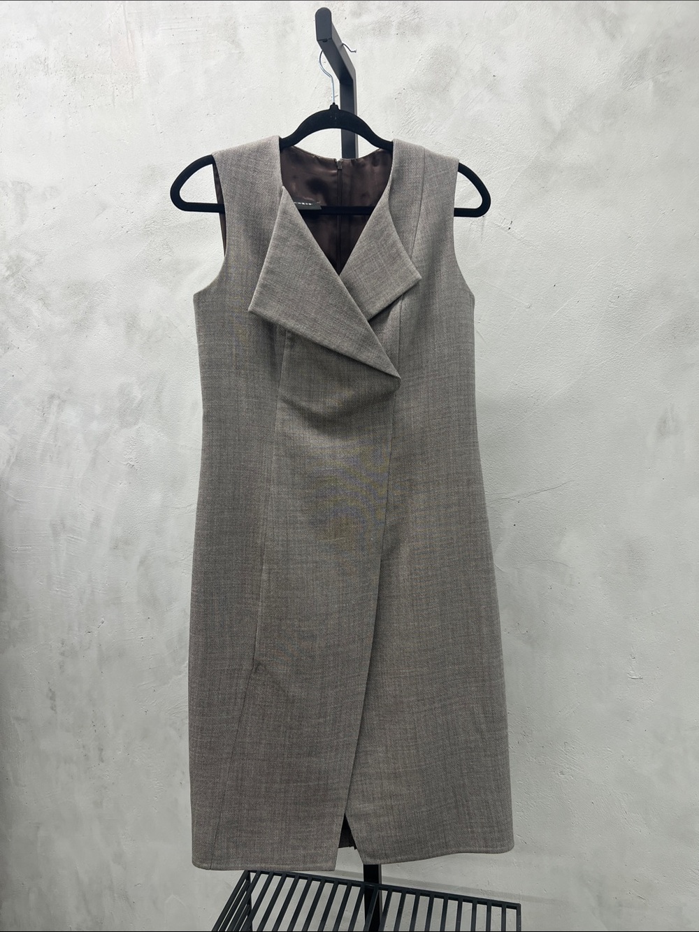 Akris Taupe Sleeveless Midi Sheath Dress with Draped Collar